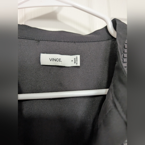 Vince Size 8, 100% Silk, Black Long‎ Sleeve Dress, Button Down, Lattice Bib - Picture 2 of 13